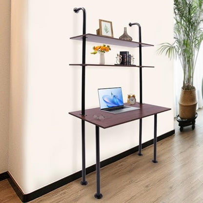 2-Shelf Industrial Wall Mount Ladder，Wall Mount Computer Desk Writing Desk,Industrial Bookcase Desk with Shelves，Floating Desk with Storage, Wall Table for Home Office, Brown (20"Dx30"Wx72.7"H) - color: Black/ Brown (39"w)