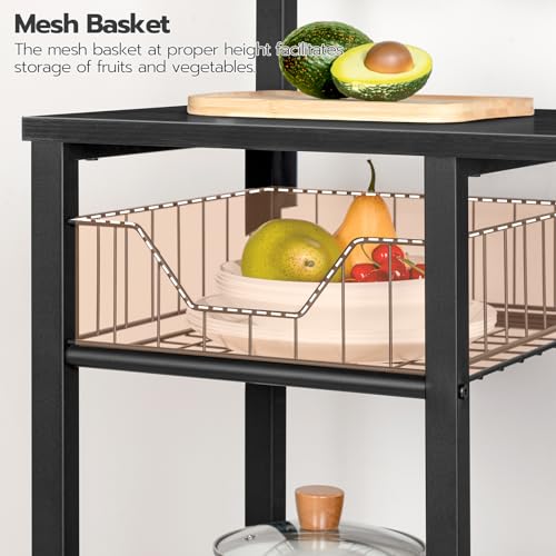 HOOBRO Bakers Rack with Power Outlet, 35.4 Inches Coffee Bar with Mesh Basket, Microwave Stand with 4 S-Shaped Hooks, Kitchen Bakers Rack with Storage, Easy to Assemble, Black BB05HB01 - color: Black