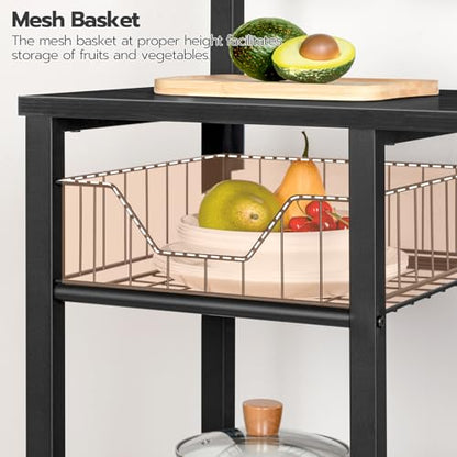 HOOBRO Bakers Rack with Power Outlet, 35.4 Inches Coffee Bar with Mesh Basket, Microwave Stand with 4 S-Shaped Hooks, Kitchen Bakers Rack with Storage, Easy to Assemble, Black BB05HB01 - color: Black