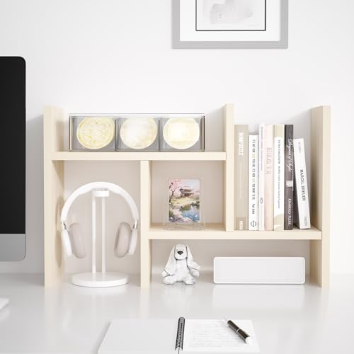 Jerry & Maggie Desktop Organizer Office Storage Rack Adjustable Wood Display Shelf Free Style Double H, Multi-Functional Mini Bookshelf for Desk Natural Stand (White Wood Tone) - color: White Wood Tone