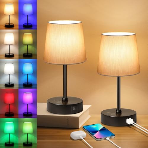 Ascher Small Bedside Table lamp Set of 2, RGB Color Changing Lamps, 3 Color Temperatures Nightstand Lamps with USB C and A Ports, Touch Dimmable Desk Lamp for Bedroom Living Room(Grey Shade) - color: Black Base & Grey Shade - 2 Pack, size: 11.4 inch