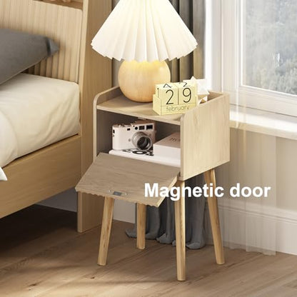 LAATOOREE Nightstand Set of 2, Small Bed Side Table with Fluted Door | End Table with Solid Wood Legs, Mid-Century Bedside Table for Bedroom Small Space - color: Natural, style: Fluted Style