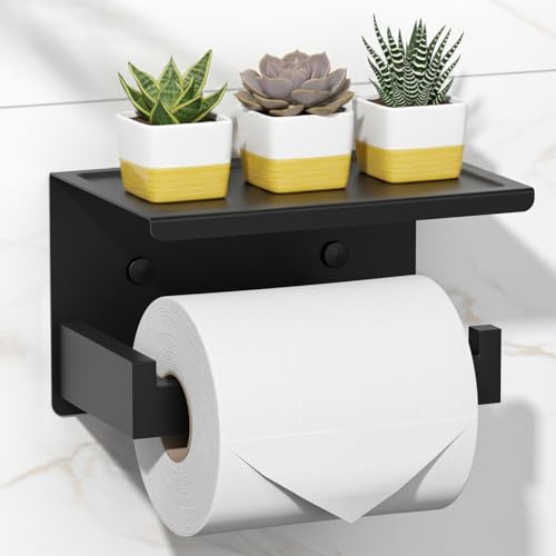 HITSLAM Toilet Paper Holder with Shelf, Stick on Matte Black Toilet Paper Roll Holder, Self Adhesive or Wall-Mount with Screws for Bathroom,Washroom - color: Black, size: Large