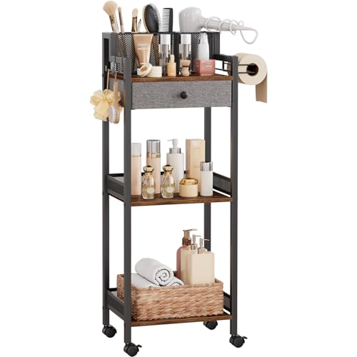 Bathroom Stand, Makeup Cart with Drawer for Cosmetic and Skincare | 3 Tier Metal Rolling Standing Unit for Bathroom, Bedroom, with Hair Organizer Storage, Vanity Storage for Women 12.8in Wide - color: 12.8“ Black With Drawer