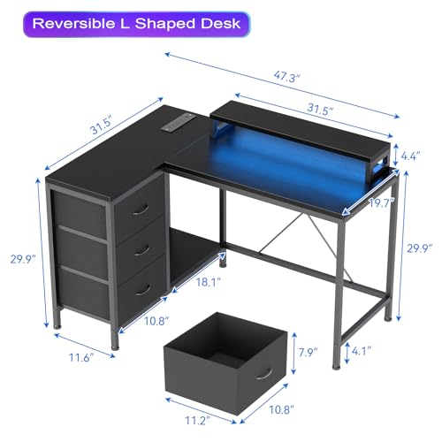 Patikuin L Shaped Desk with Power Outlets & LED Lights, Computer Desk with Drawers & Shelves, Corner Desk Gaming Desk Home Office Desk, Black - color: Black