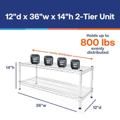 Shelving Inc. 12" d x 36" w Chrome Wire Shelving with 2 Tier Shelves, Weight Capacity 800lbs Per Shelf - size: 12"d x 36"w x 14"h