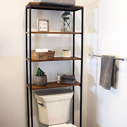 Sunnydaze 69-Inch 4-Tier Over-the-Toilet Shelf - Open Shelves, Veneer Finish and Black Iron Frame - Teak Color - color: Teak Finish