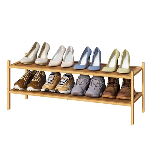 kiplant Long Shoe Rack, 2-Tier Bamboo Wood Shoe Rack, Stackable for Closet, Entryway & Hallway - color: Natural, size: 2-Tier_Long