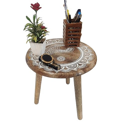 VANIYA CRAFTS® Wooden Engraved Fold-able Side Table/End Table/Plant Stand/Stool for Living Room Bedroom Restaurant Kids Play Furniture Table Round Shape (Natural White) - color: Natural White