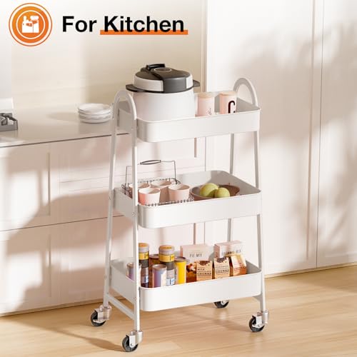 NEWBULIG 3-Tier Metal Rolling Cart with Lockable Wheels, Heavy Duty Mobile Utility Storage Shelf, Roller Book Snack Cart, Organization for Livingroom, Bathroom, Office, White | Mobile Organizer Shelf, Space-Saving, Freestanding, Bathroom, Living Room, Sli