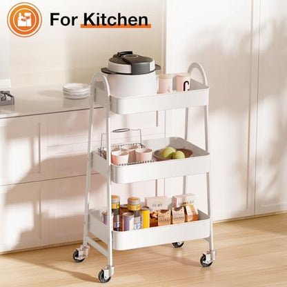 NEWBULIG 3-Tier Metal Rolling Cart with Lockable Wheels, Heavy Duty Mobile Utility Storage Shelf, Roller Book Snack Cart, Organization for Livingroom, Bathroom, Office, White | Mobile Organizer Shelf, Space-Saving, Freestanding, Bathroom, Living Room, Sli