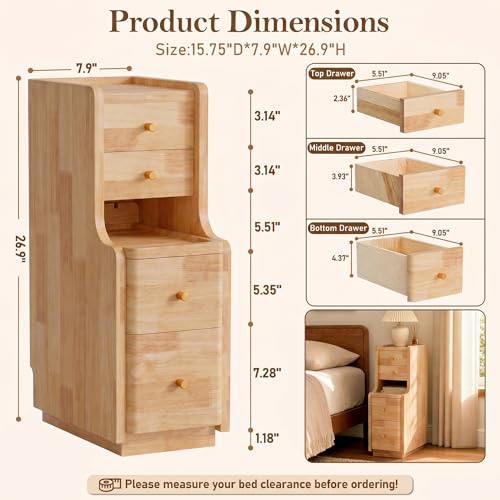 Narrow Nightstand with 4 Drawers, 7.9" Solid Wood Narrow Bedside Table Natural with Open Shelf & Cable Hole, Modern Night Stand Slim Bedside Table for Bedroom(Fully Assembly) - color: Natural