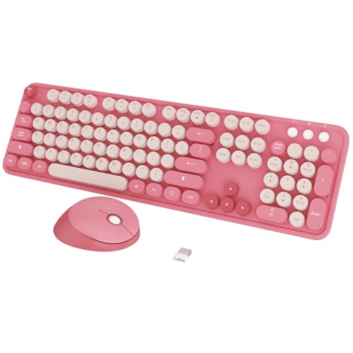 Wireless Keyboard,KOOTOP Cute Colorful 104 Keys Typewriter Retro Round Keycaps Keyboard for PC Laptop,Desktop,Windows, Home and Office Keyboards(Pink) - color: Pink