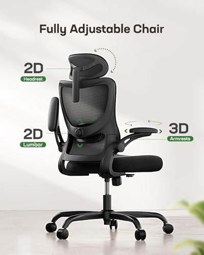 Marsail Ergonomic Office Chair: Office Desk Chair with High Back Mesh and Adjustable Lumbar Support Rolling Work Swivel Task Chairs with Wheel 3D Armrests and Headrest - color: Black