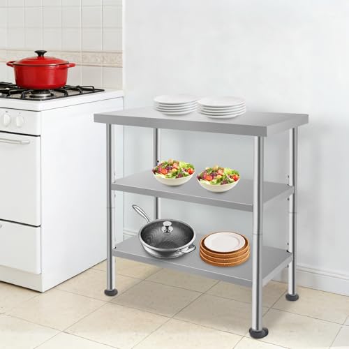 30x18x35in 3-Tier Stainless Steel Work Table with Casters & Foot Pads, Adjustable Shelves, 370 lbs Load Capacity, Heavy Duty Utility Cart for Kitchen, Warehouse, Home Organization - size: 30x18x35 Inches
