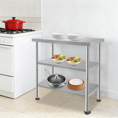 30x18x35in 3-Tier Stainless Steel Work Table with Casters & Foot Pads, Adjustable Shelves, 370 lbs Load Capacity, Heavy Duty Utility Cart for Kitchen, Warehouse, Home Organization - size: 30x18x35 Inches
