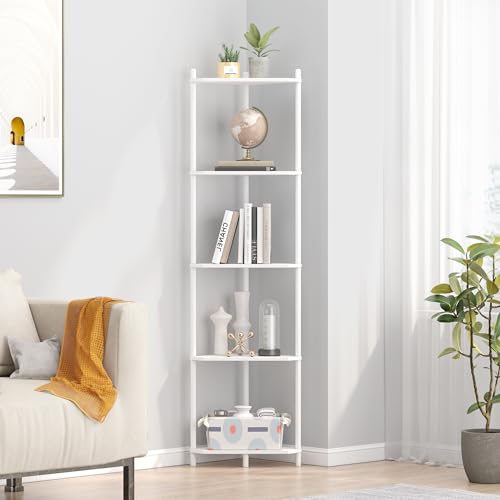 Wisuce White Tall Corner Shelf Stand, 5-Tier Bamboo Corner Bookshelf | Space-Saving Narrow Corner Shelf | Bathroom Corner Shelf | Shelves for Bedroom, Living Room, Kitchen & Plant Display - color: White, size: 5 Tier