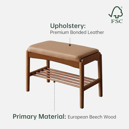 Solid Wood Shoe Bench, 24 Inch Entryway Bench with Brown Leather Cushion | Premium brown leather cushion paired with walnut wood finish adds refined texture and mid century style. - color: Walnut + Brown Leather Cushion, size: 23.62"
