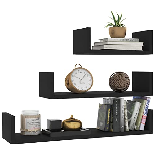 Wall Display Shelf 3 pcs Shelving,Bookcase with Doors,White Bookcase,Suitable for Study, Bedroom, Office, Living Room,Black Engineered Wood - color: Black