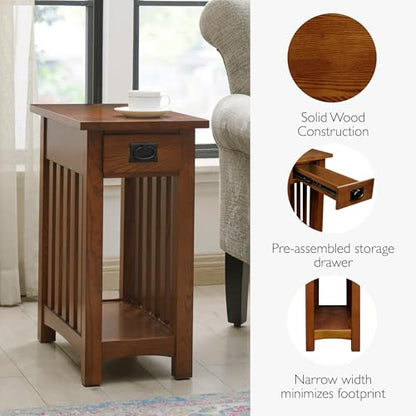 Leick Home Mission End Table, Solid Wood, 1 Storage Drawer, Bottom Display Shelf, Narrow, Slatted Sides, Easy-Assembly, Medium Oak, 22.5 in L x 12 in W x 24 in H, 8202 - color: Medium Oak / Blackened