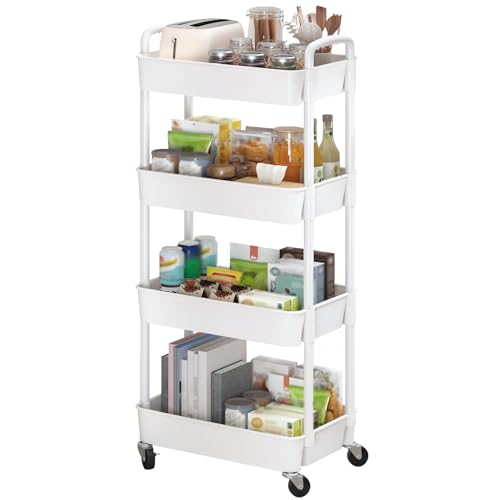 Sywhitta 4-Tier Plastic Rolling Utility Cart with Handle, Multi-Functional Storage Trolley for Office, Living Room, Kitchen, Movable Storage Organizer with Wheels, White - color: White, size: 4-tier