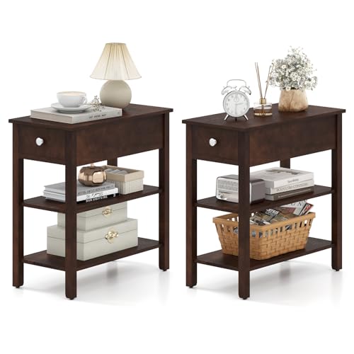 Giantex Narrow End Table Set of 2, Farmhouse Side Tables with Drawer & Storage Shelves, Wood Sofa Side Tables, 3-Tier Nightstands for Small Space, Living Room, Bedroom, 23.5"L x 12"W x 24.5"H, Walnut - color: Walnut