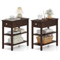 Giantex Narrow End Table Set of 2, Farmhouse Side Tables with Drawer & Storage Shelves, Wood Sofa Side Tables, 3-Tier Nightstands for Small Space, Living Room, Bedroom, 23.5"L x 12"W x 24.5"H, Walnut - color: Walnut