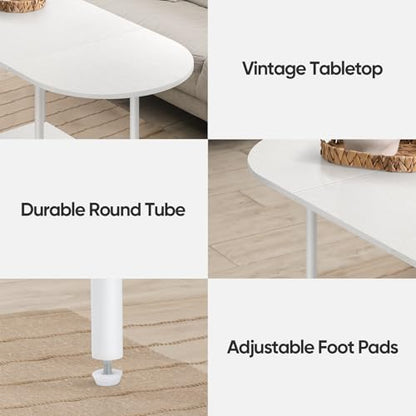 White Coffee Tables for Living Room,Mid Century Oval Center Table with Storage Shelf and Wood Tabletop,2-Tier Modern Narrow Cocktail Tea Table for Small Space,Small Apartment - color: White