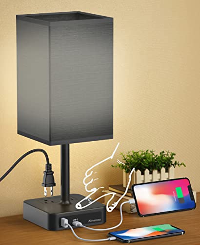 Bedside Table Lamp with Touch Control & USB C+A Charging Ports LED Desk Lamp with 2 AC Outlets, Minimalist Nightstand Light with Black Fabric Shade for Bedroom, Living Room, Office, Black - color: Black