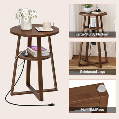 HOOBRO Round Side Table with Charging Station, Round Accent End Table with Bamboo Legs for Living Room, Bedroom, Brown, BR101UBZ01 - color: Brown