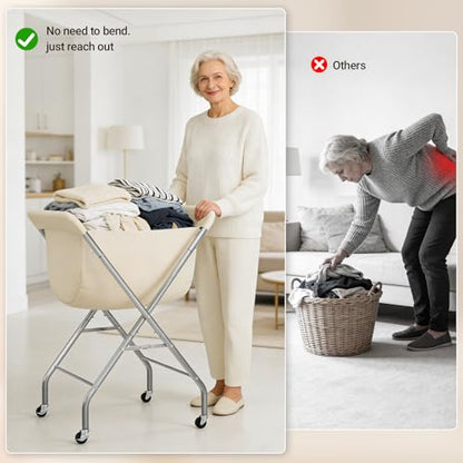 ELYKEN Laundry Cart with Wheels, 32”H Easy Rolling Laundry Hamper with Removable Liner Bag, Sturdy Metal Frame Clothes Basket with 4 Casters and 2 Brakes - color: Creamy, size: 23.2"L x 13"W x 32"H