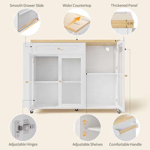 Kitchen Island with Power Outlet - Kitchen Cart on Wheels with Storage Cabinets & Drawers, Rolling Island Table with Spice & Towel Rack, Portable Islands with Large Wood Counter, Dinning Room - color: White