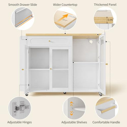 Kitchen Island with Power Outlet - Kitchen Cart on Wheels with Storage Cabinets & Drawers, Rolling Island Table with Spice & Towel Rack, Portable Islands with Large Wood Counter, Dinning Room - color: White