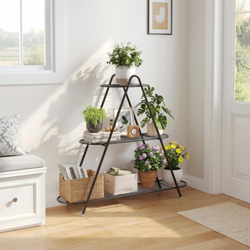 Plant stand indoor Outdoor 3-Tier plant shelf Shoe Shelf Rack Organizer | Metal Plant Rack Shelf Heavy Duty for Multiple Flower Pot Multi-Purpose for Living Room Patio Garden Entryway Balcony (Black)