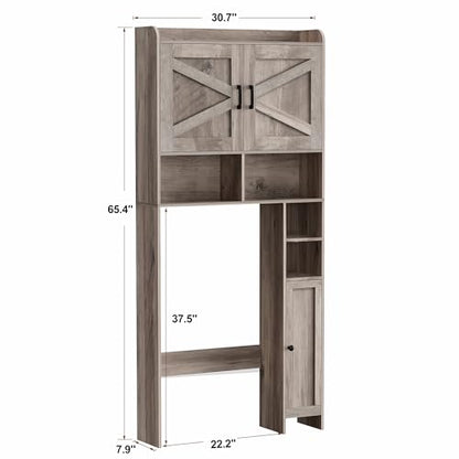Homhedy Wooden Over The Toilet Storage Cabinet with Barn Door | Freestanding Bathroom Storage, Toilet Paper Holder, Adjustable Shelf,Space-Saving, Farmhouse Style, Greige - color: Greige