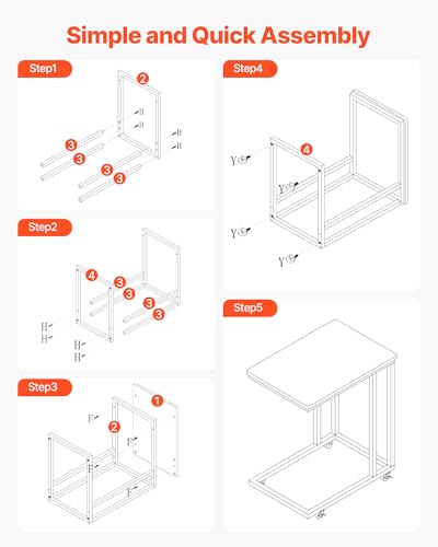 VEVOR C Table, C Shaped Sofa Side Table with Metal Frame Rolling Casters, Portable C Shaped End Stand for Living Room Bedroom Office, 19.69 x 13.78 x 23.82 inches Laptop Side Tables, Brown and Black - style: Normal