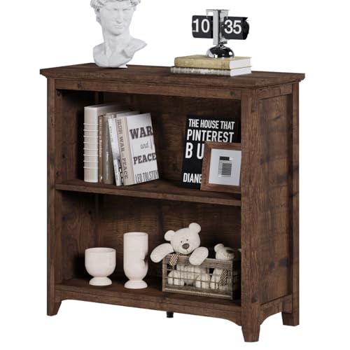 Short Bookshelf, 2 Shelf Wooden Book Cases/Shelves, Small Bookcase, Rustic | 30 in 2 Tier Book Shelf with Open Storage, for Farmhouse Living Room/ Library Office / Bedroom/ Kids, Space Saving - color: Rustic Oak, size: Without Drawer