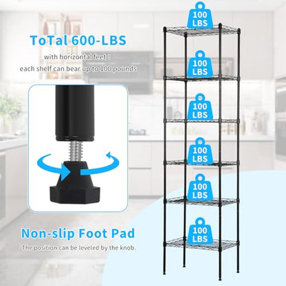 BLKMTY Tall Shelves, 6 Tier Wire Shelving, Narrow Storage Metal Shelf, Standing Shelf Units, Adjustable Garage Shelving, 12" D x 17" W x 64" H, 600lbs Capacity, Commercial Shelves, Black - color: Black, size: 6 Tire: 11.8" D x 16.7" W x 63.6" H