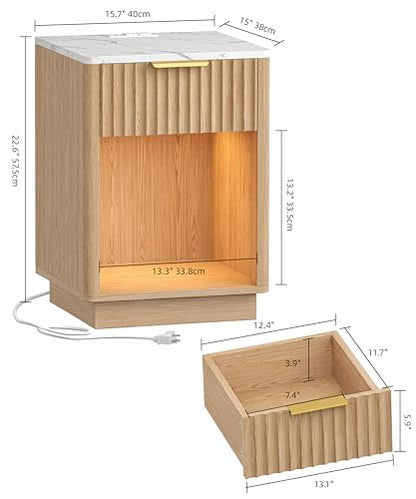 Akxomel Fluted Nightstand, Wooden Night Stand with Charging Station and LED Light, Modern Bedside Table with Drawer and Faux Marble Top, 15" D x 15.7" W x 22.6" H, for Bedroom, Natural Oak and White - color: Natural Oak and White