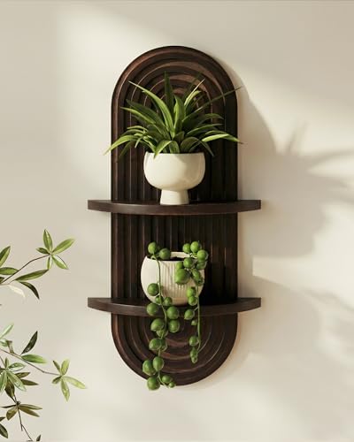 Bamworld Boho Wall Decor Plant Wall Shelf Wood Plant Holder Walnut 2PCS | Mid Century Modern Decor Hanging Plant Shelf Wooden Floating Shelves for Home Bedroom Living Room Holding Planter Decoration - color: Walnut, size: 16.7'' -1 Pcs