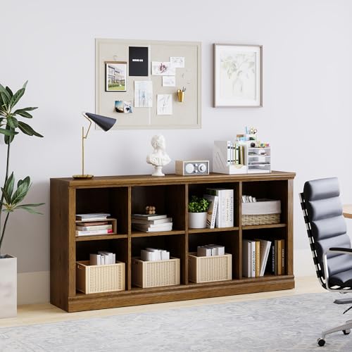 2 Tiers 8 Cube Storage Organizer Bookcase, 54 inch Width Wooden Book Shelf | 8 Storage Cube Adjustable Space Book Case, Vintage Oak Horizontal Bookshelf Display Cabinet Organizer for Home Library Office - color: Vintage Oak, size: 2-tier 8-cube
