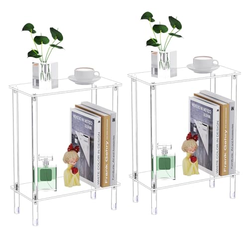Clear Acrylic Narrow Side Table Set of 2 for Small Spaces, 15.75" L x 7.87" W x 19.82" H, 2 Tier Rectangle Slim End Table Nightstand, Small Bedside Table for Bedroom, Bathroom, Living Room - size: 2 Tier Rectangle 2-Pack