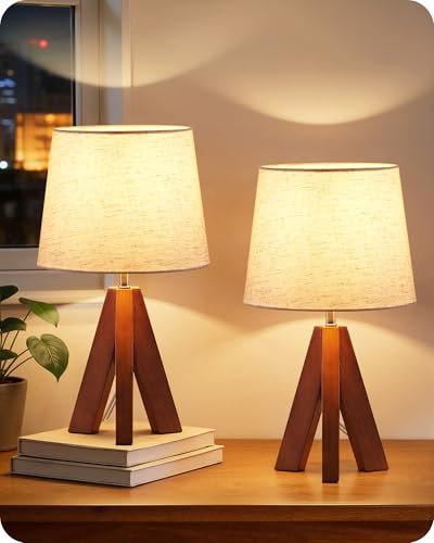Tripod Table Lamps Set of 2, Small Bedside Lamps, Modern Nightstand Lamp with Dark Pearwood Base & Beige Shade, Boho Desk Light for Bedroom, Kids Room, Living Room, Office, Study, LE51TLP205 - color: 2Pack Beige+Pearwood