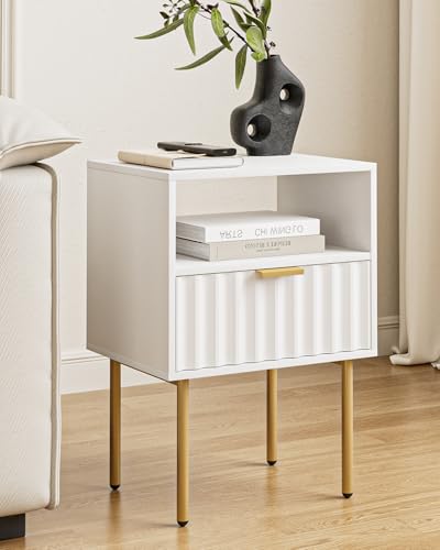 Night Stand,Modern Bedside Table with Drawer and Shelf,White Night Stand with Gold Frame,Small Side Table for Bedroom,Living Room - color: White