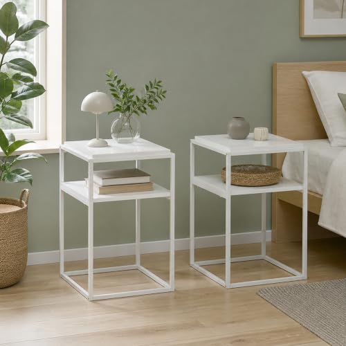 2-Tier Set of 2 Stackable Metal Frame End Table, Toolless Assembly Bedside Table, Night Stand with Open Shelf, Side Table, for Bedroom, Living Room, Solid White - color: Solid White/White, size: 2 Tier, Set of 2