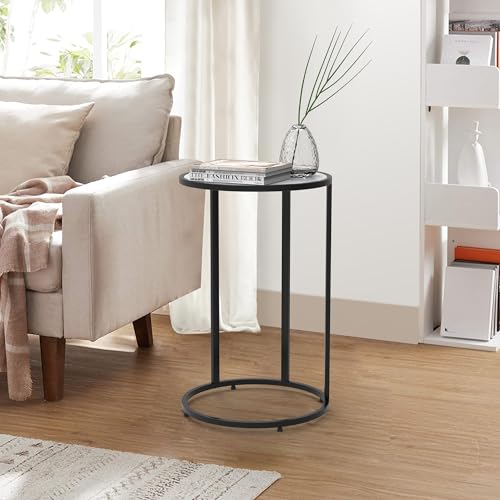 Round C Shaped Side Table, Slide Under Couch End Table with Wood Top, Snack Coffee Laptop Side Table for Living Room Bedroom Small Space - color: Black