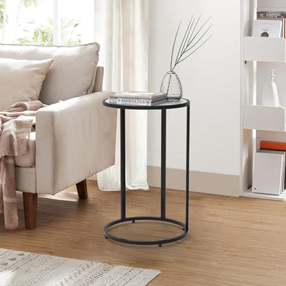 Round C Shaped Side Table, Slide Under Couch End Table with Wood Top, Snack Coffee Laptop Side Table for Living Room Bedroom Small Space - color: Black