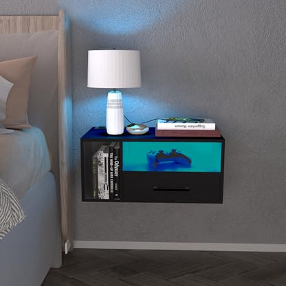 Homaterial Floating Nightstand with Charging Station and LED Lights, Floating Bedside Table with Drawers Wall Mounted Nightstands,for Bedroom Room, 21.3" x 11.8" x 10",Black - color: Black