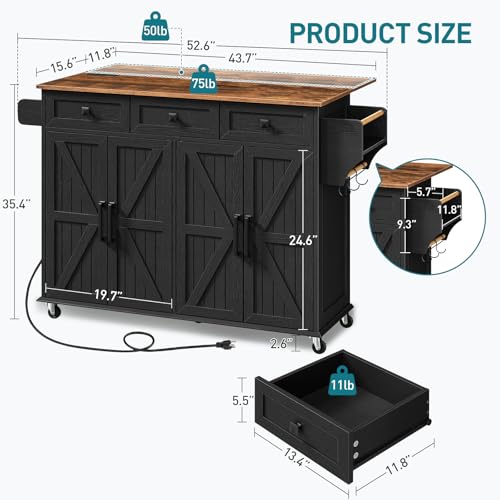 RALGEND Kitchen Island with Drop Leaf & Power Outlet, Rolling Kitchen Island Cart On Wheels, Barn Door Kitchen Island Table with Storage, Island Table for Kitchen, Black and Rustic Brown - color: Black + Rustic Brown