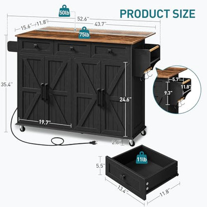 RALGEND Kitchen Island with Drop Leaf & Power Outlet, Rolling Kitchen Island Cart On Wheels, Barn Door Kitchen Island Table with Storage, Island Table for Kitchen, Black and Rustic Brown - color: Black + Rustic Brown